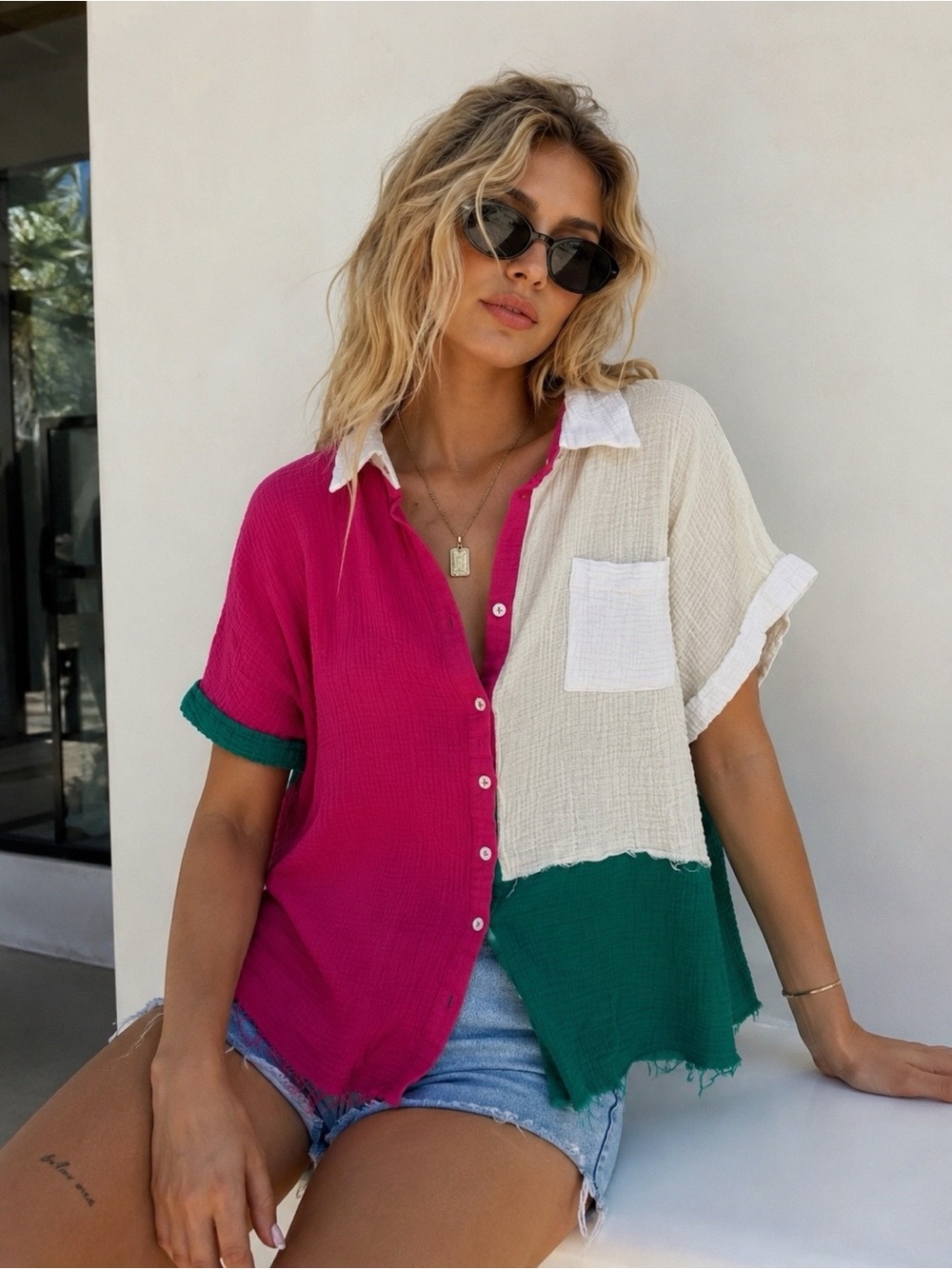 ANDREE BY UNIT Colorblock Gauze Cotton Top M